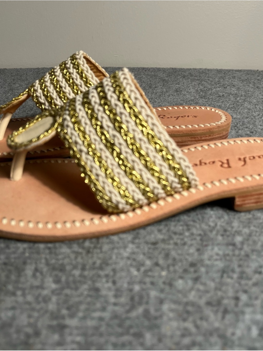 Jack Rogers Cream and Gold Braided Toe-Loop Sandals